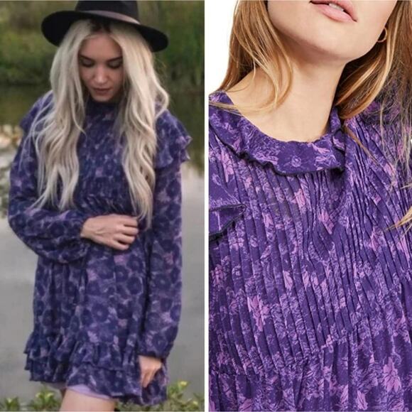 Free People These Dreams Large Purple Long Sleeve Dress - Picture 1 of 8